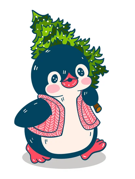 Ilustração Inverno Pinguim Desenho Animado Engraçado Com Uma Árvore Natal — Vetor de Stock