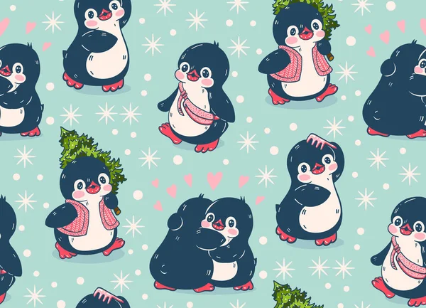 Naadloos Patroon Met Schattige Pinguïns Handgetekende Illustratie Vector — Stockvector