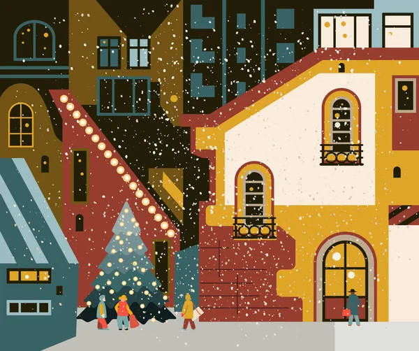 Città Invernale Con Albero Natale Illustrazione Vettoriale — Vettoriale Stock