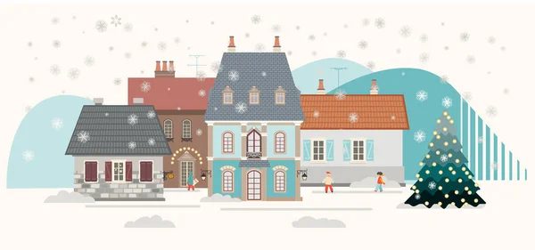 Città Invernale Con Albero Natale Illustrazione Vettoriale — Vettoriale Stock