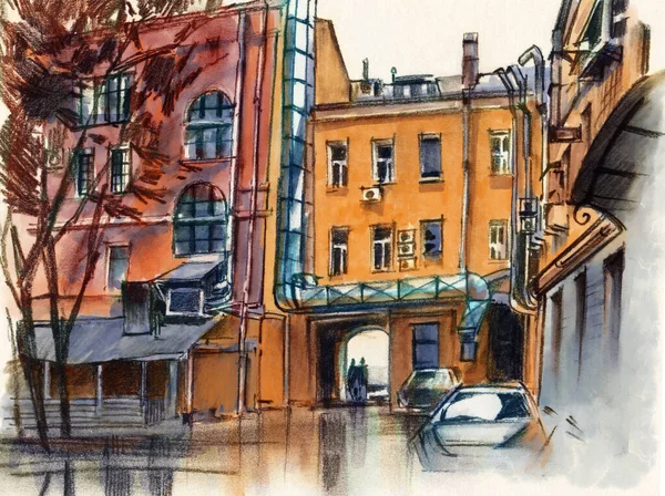 街の風景 スケッチインクと水彩 手描きイラスト — ストック写真