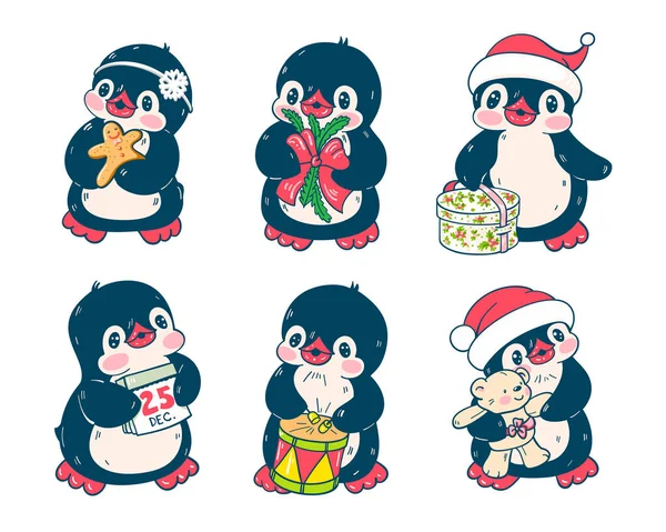 Winter Illustration Set Cute Penguins Isolated White Background Vector — Stock Vector