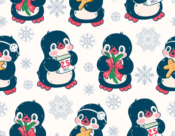 Seamless Pattern Cute Penguins Hand Drawn Illustration Vector — Stock Vector