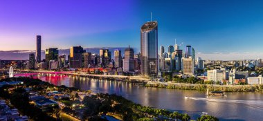 Panoramic day and night areal image of Brisbane CBD and South Bank, Queensland, Australia clipart