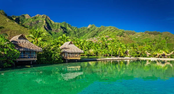 Über Wasser Bungalows Und Eine Atemberaubende Grüne Lagune Moorea Tahiti Stockbild