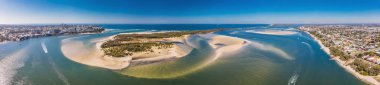 Aerial drone view of Pumicestone Passage, Bribie Island and Caloundra, Sunshine Coast, Queensland, Australia clipart