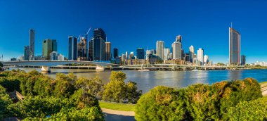 BRISBANE, AUSTRALIA AUG 12 2018: Panoramic view of Brisbane from South Bank over the river. Brisbane is the capital of QLD and the third largest city in Australia. clipart