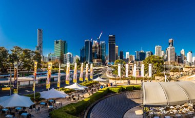 BRISBANE, AUSTRALIA AUG 12 2018: Panoramic view of Brisbane from South Bank over the river. Brisbane is the capital of QLD and the third largest city in Australia. clipart