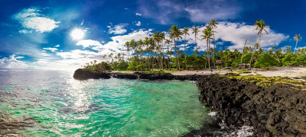 Plage Avec Récif Corallien Sur Côté Sud Upolu Encadrée Feuilles — Photo