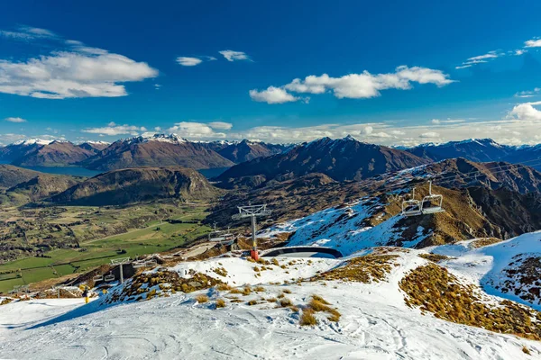 Panorama Montanha Nova Zelândia Pistas Esqui Neve Como Visto Coronet — Fotografia de Stock