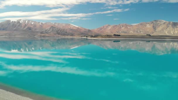 Vista Aérea Drone Lago Tekapo Céu Azul South Island Nova — Vídeo de Stock