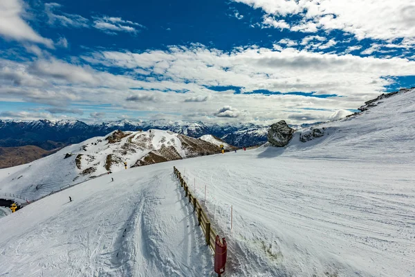 Panorama Montanha Nova Zelândia Pistas Esqui Neve Como Visto Coronet — Fotografia de Stock
