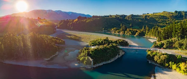 Broarna Över Rakaia Floden Rakaia Gorge Nya Zeeland Sydön Solnedgången — Stockfoto
