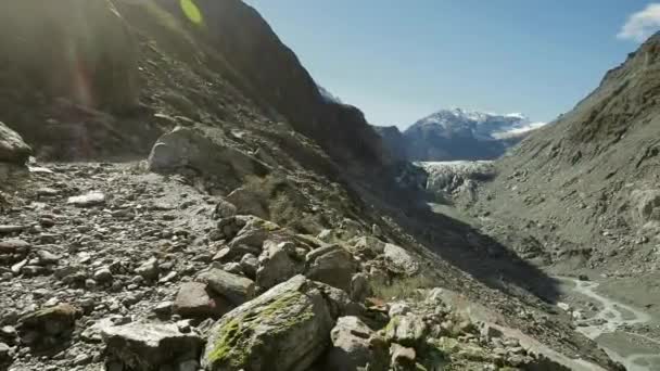 Bergblick Auf Den Gletscherfluss Und Das Tal Fuchsgletscher Westküste Neuseeland — Stockvideo