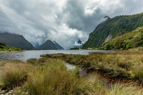 Dia nublado e chuvoso em Milford Sound, South Island, Nova Zelândia — Fotografia de Stock