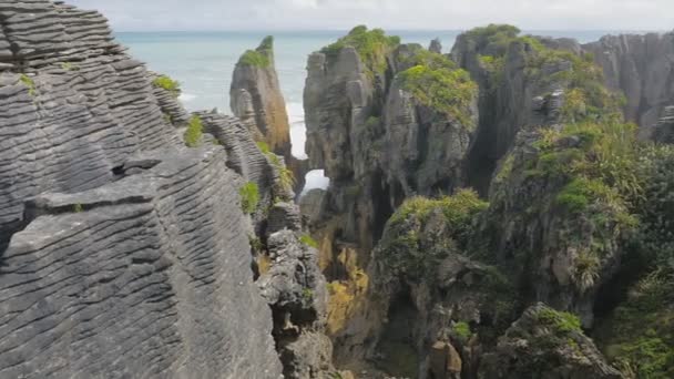 Punakaiki Pancake Rocks Met Kantduiken Het Paparoa Nationaalpark Nieuw Zeeland — Stockvideo