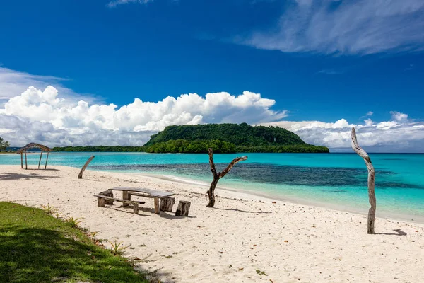 Písečná pláž port Orly s palmami, ostrov Espiritu Santo, VA — Stock fotografie