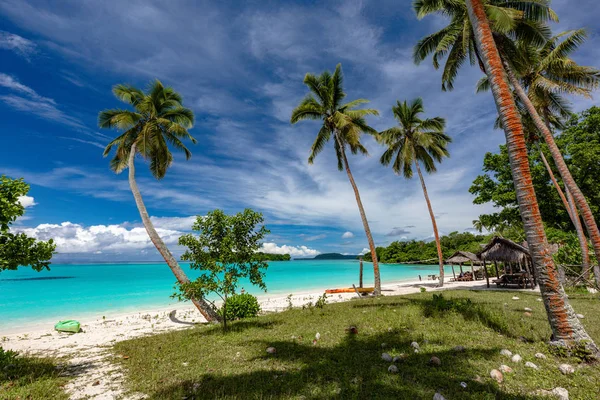 Písečná pláž port Orly s palmami, ostrov Espiritu Santo, VA — Stock fotografie