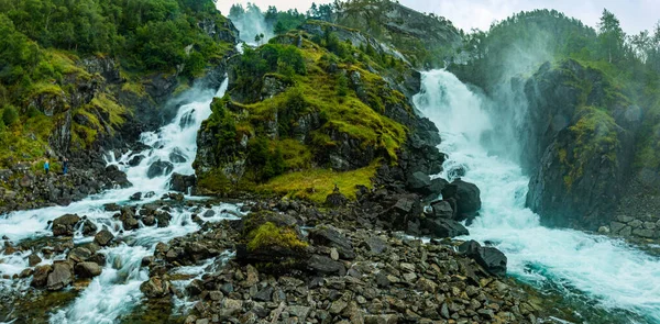 Famous Latefossen Waterfall Hordaland Norway Old Stone Bridge — Stock Photo, Image