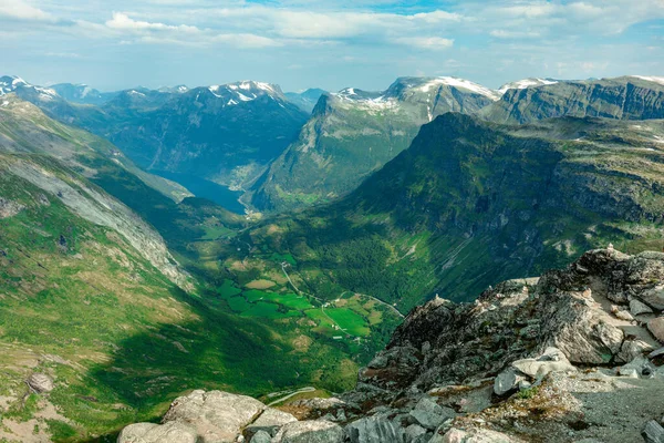 Vista Panorámica Del Paisaje Geirangerfjord Montañas Desde Mirador Meseta Dalsnibba — Foto de Stock