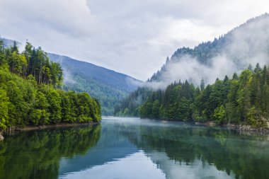 Yağmurlu bir günde dağlarda gölle ve sisli ormanla manzara