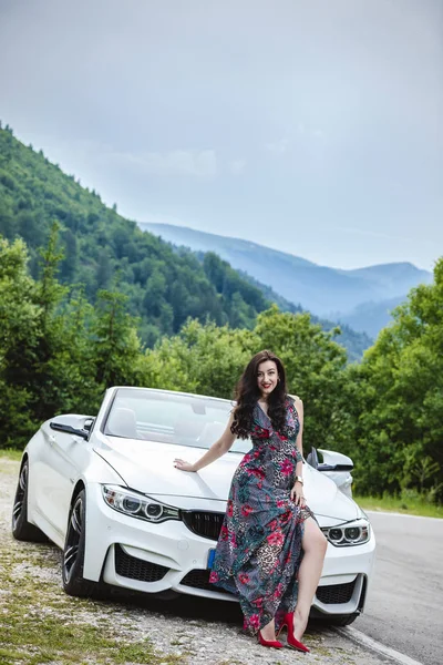 Fashion Portrait Young Woman Elegant Dress Outdoor Convertible Car — Stock Photo, Image