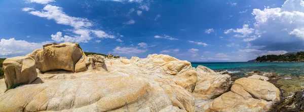 Belo Panorama Com Mar Mediterrâneo Grécia Cristal Água Colorida Rochas — Fotografia de Stock