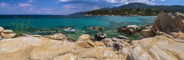 Belo Panorama Com Mar Mediterrâneo Grécia Cristal Água Colorida Rochas — Fotografia de Stock