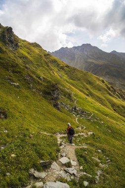 Rocky Dağları'nda bir iz üzerinde hiking sırt çantası ile beyaz adam