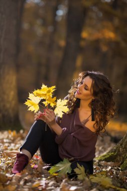 Sonbahar ormanındaki güzel bir genç kadının portresi. Yaşam tarzı, sonbahar modası, güzellik.