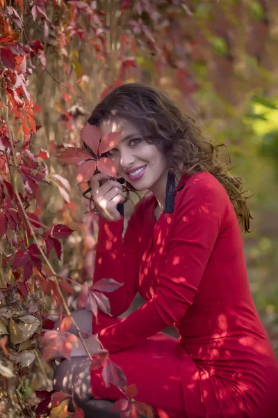 Güneşli bir sonbahar gününde kırmızı elbiseli güzel genç kadın