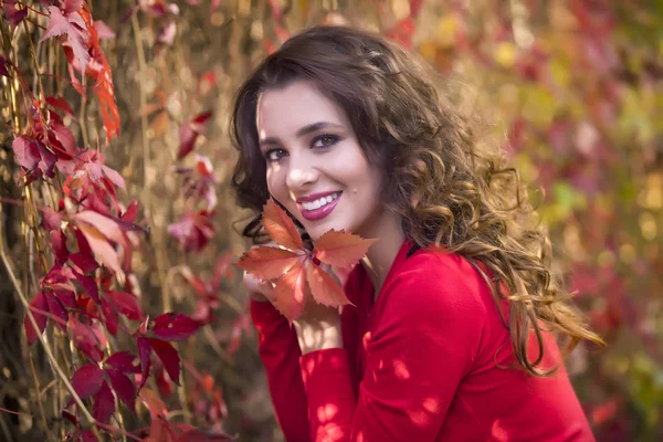 Beautiful Young Woman Red Dress Sunny Autumn Day — Stock Photo, Image