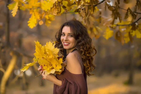 Een Portret Van Een Mooie Jonge Vrouw Een Herfstbos Lifestyle — Stockfoto