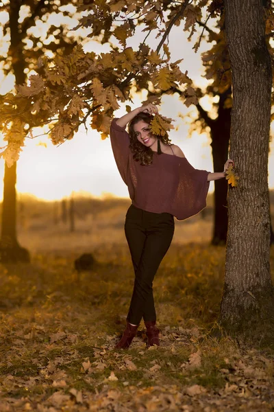 Een Portret Van Een Mooie Jonge Vrouw Een Herfstbos Lifestyle — Stockfoto