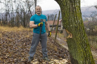 Oduncu işçisi birçok parçalanmak ormanda büyük baltayla kırma ağaç doğrama.