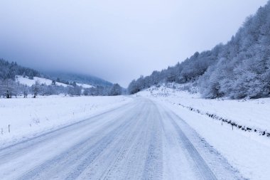 Ormanlar ve dağlar kış aylarında karlı yol