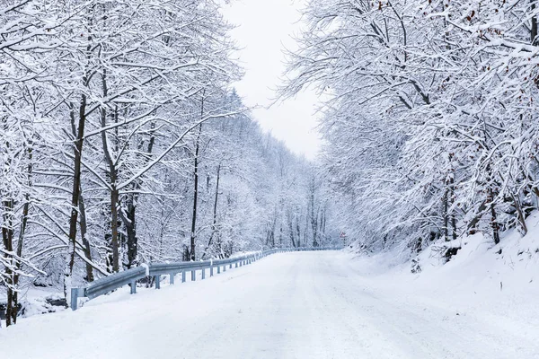 冬天通过森林和山脉的雪路 — 图库照片