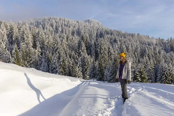 Hapopy Tourist Lady Her Winter Holiday Mountains — Stock Photo, Image