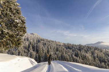 Kış tatilinde dağ yürüyüşünde olan arkadaşlar.