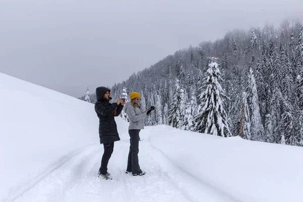 の雪に覆われた道を歩く観光客 — ストック写真