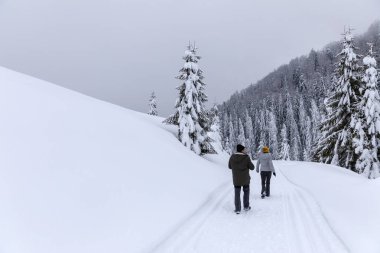Karlı bir iz dağlarda yürüyüş turist