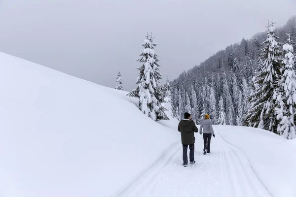 の雪に覆われた道を歩く観光客 — ストック写真