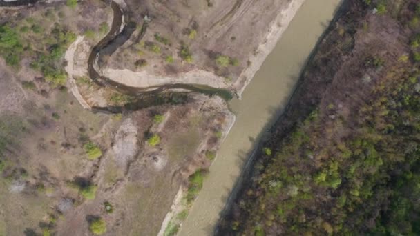 Lotnicze Strzał Brudnej Rzeki Lasu Antenowe Drone Flyover Wiosny — Wideo stockowe
