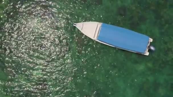 Vista Aérea Del Pequeño Barco Pesca Cerca Del Arrecife Coral — Vídeo de stock