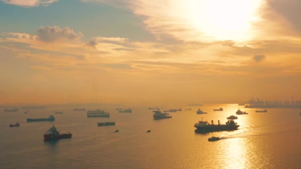 Tiro Aéreo Navios Ancoragem Singapura Pôr Sol Vídeo De Stock