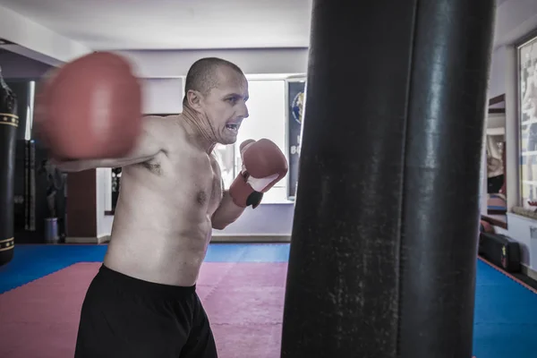 Muay thai lutador batendo o saco pesado no ginásio — Fotografia de Stock