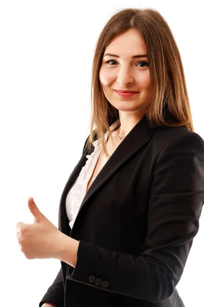 親指アップジェスチャーで立って美しい笑顔ビジネス女性 — ストック写真