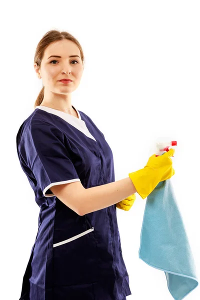 Young Woman Apron Isolated White Background Cleaning Concept — Stock Photo, Image