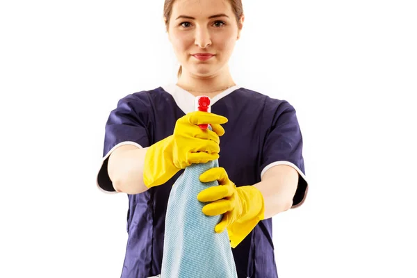 Jovem Avental Isolado Sobre Fundo Branco Conceito Limpeza — Fotografia de Stock