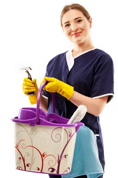 Saubere Frau Mit Einem Fensterputzer Auf Weißem Hintergrund Reinigungskonzept — Stockfoto